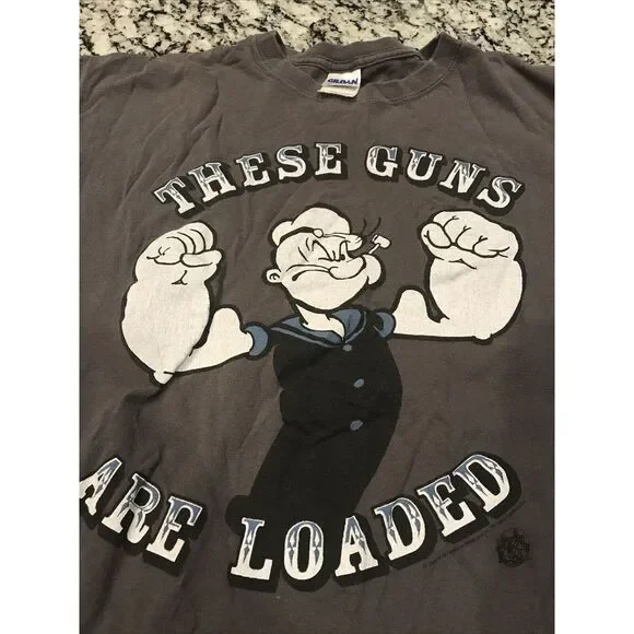 Popeye These Guns Are Loaded Graphic T Shirt Size L Gildan Tag 2009 - Picture 1 of 5